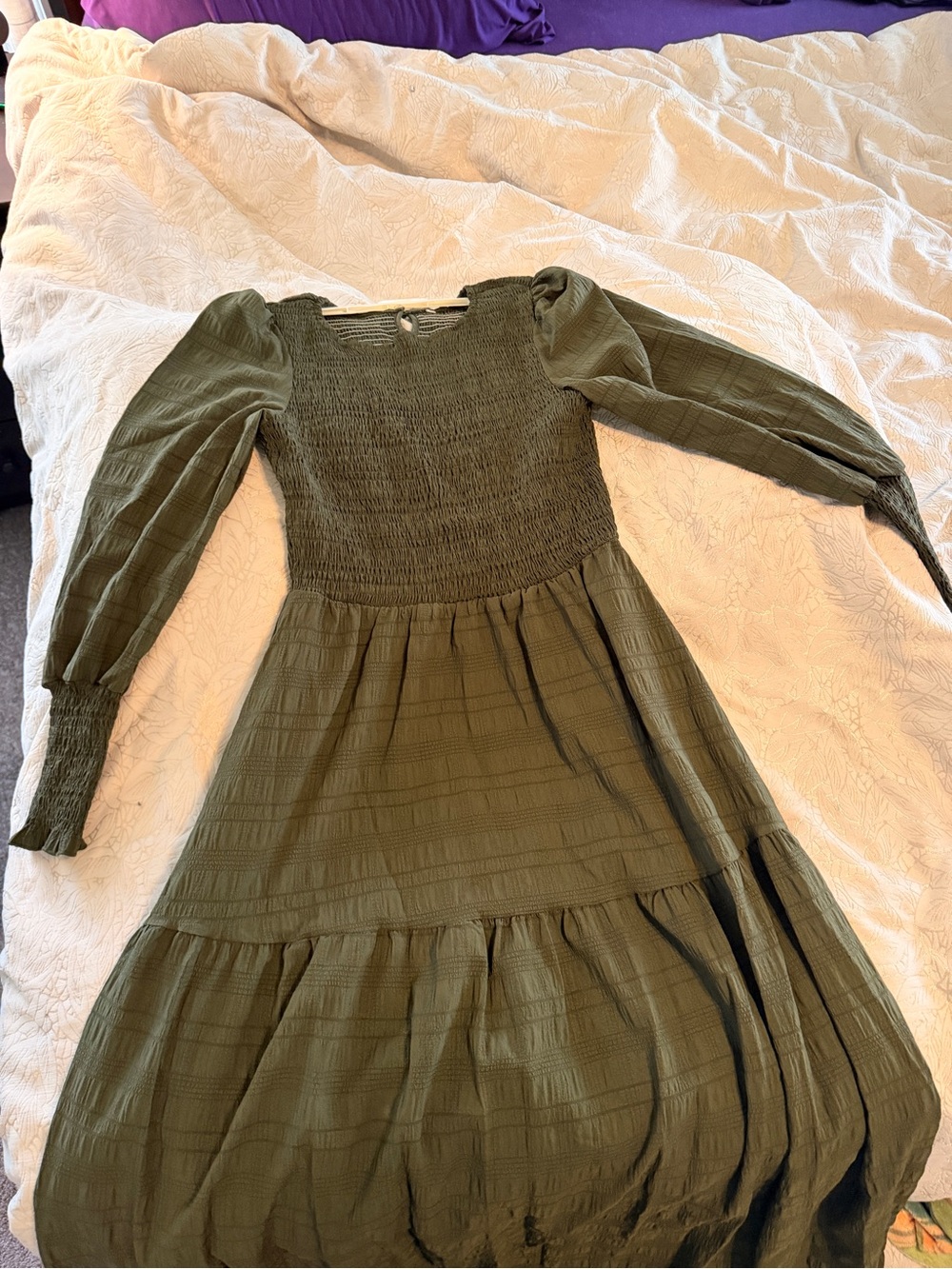 Olive Green Smocked Midi Dress - Women